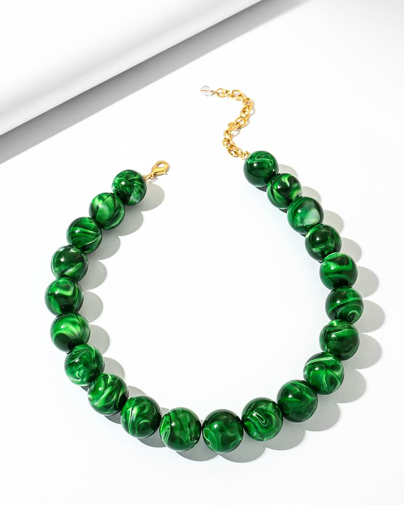 FAUTHENTICUTE Emerald Green Choker Necklace for Women Chunky Boho Beaded Statement Necklaces Adjustable Large Round Resin Bead Strand Necklace Trendy Summer Beach Jewelry Gift