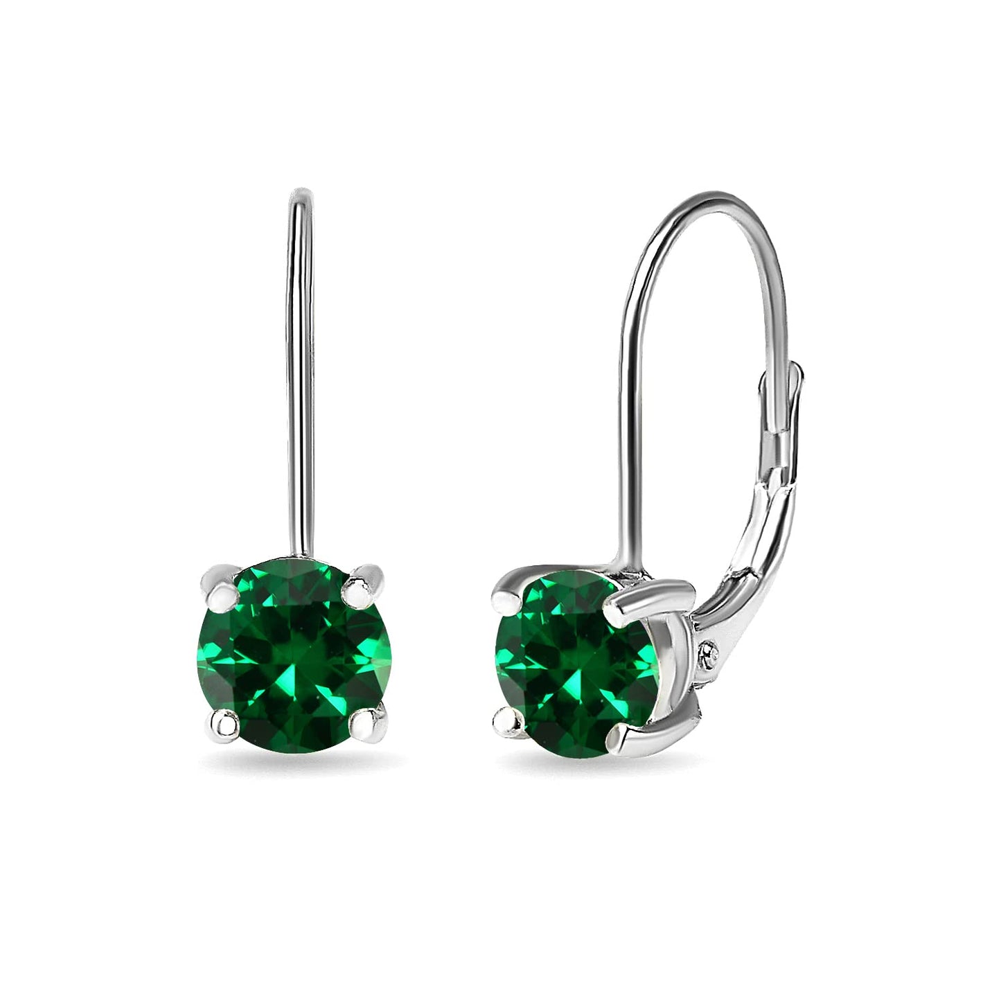 Green Earrings for Women 6mm Round Sterling Silver Leverback Drop Synthetic Gemstones Emerald Earrings for Bridesmaids Fashion