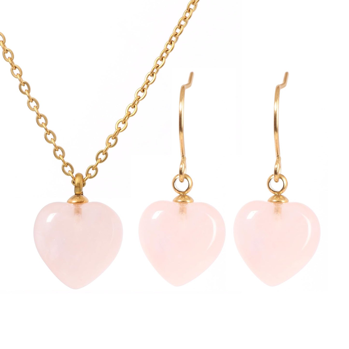 TaYolnFaSo Natural Heart Rose Quartz Jewelry Set for Women 18K Gold Plated Dainty Cute Rose Quartz Earrings and Necklace Set Birthday Gifts