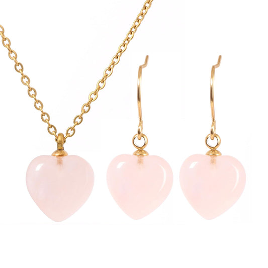 TaYolnFaSo Natural Heart Rose Quartz Jewelry Set for Women 18K Gold Plated Dainty Cute Rose Quartz Earrings and Necklace Set Birthday Gifts