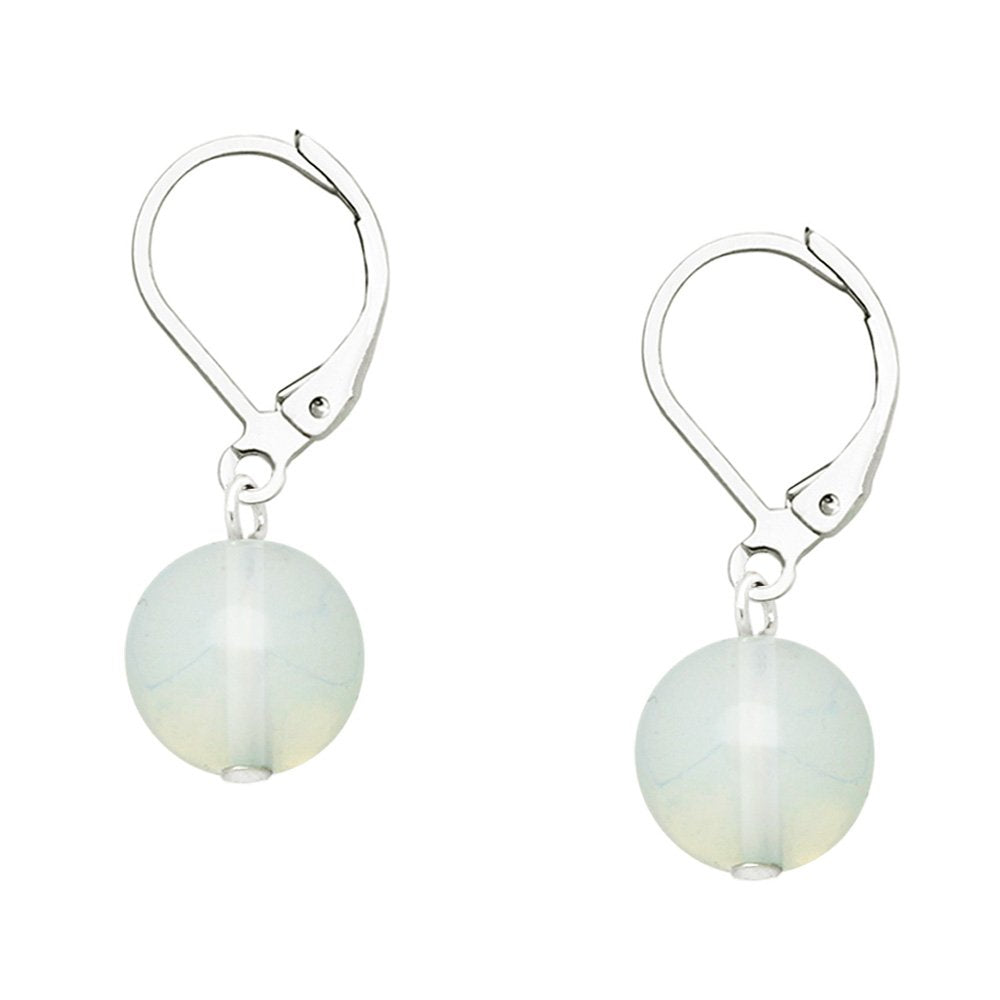 Falari 10mm Round Natural Stone Earring High Polished Rhodium Leverback White Opal