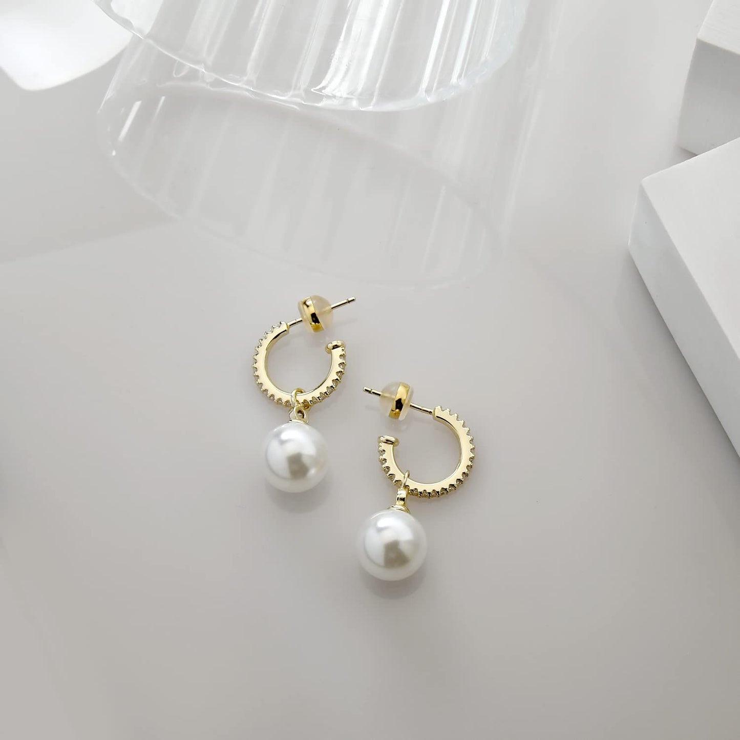 KZZENKI 14k Gold Pearl Earrings for Women, Sterling Silver Post Bridal Pearl Earrings Drop Dangle Earrings Cubic Zirconia Open Hoop earrings Jewelry Trendy