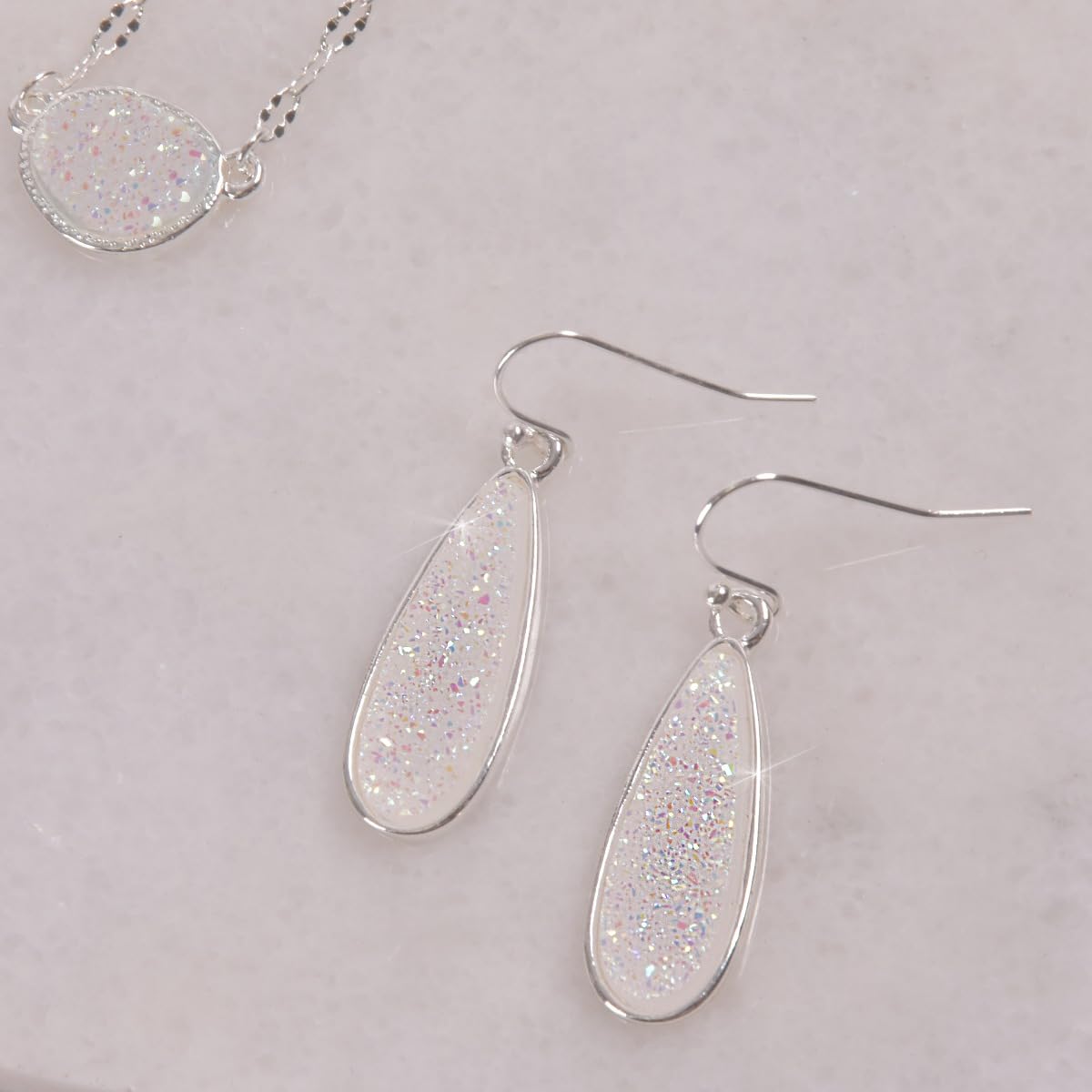 Created White Opal Earrings for Women - Tear Drop Earrings Jewelry, Sparkly Long Dangly Simulated Druzy Drop Dangles, Elegant Boho Silver Tone Dangle with Dangling Faux Opal Stone for Wedding Bride