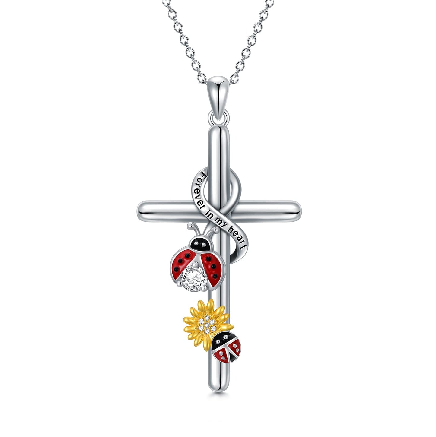 Flpruy Ladybug Necklace for Women 925 Sterling Silver Ladybug Cross Pendant Jewelry Gifts for Mother Grandma