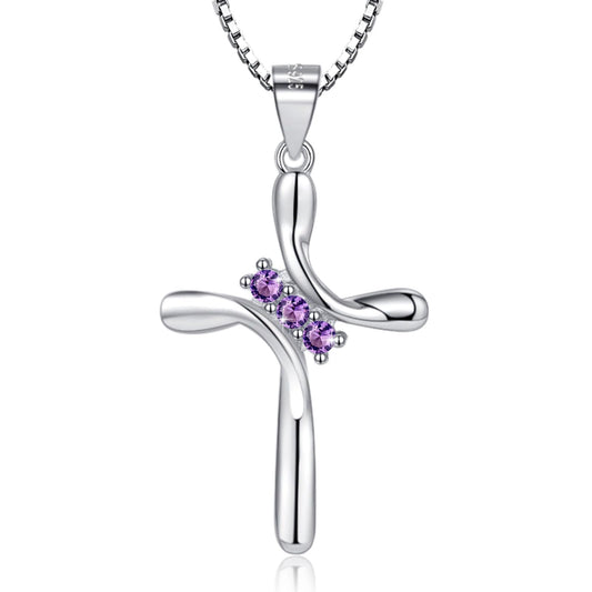 EVERU Amethyst Necklace 925 Sterling Silver,February Birthstone Necklace,Silver Cross Necklaces for Women,Purple Cross Pendant Jewelry Ideal Gift