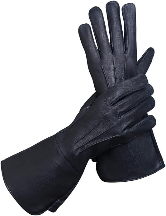 Glamtron Leather Long Cuff Medeival Renaissance Gauntlet Steampunk Cosplay Lamp Skin Black Leather Halloween Gloves