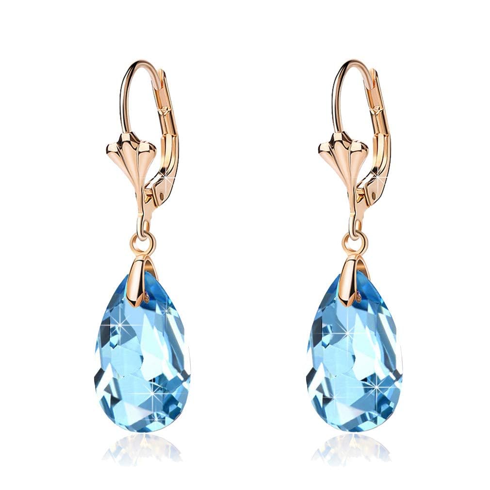Austrian Crystal Teardrop Leverback Dangle Earrings for Women Fashion 14K Gold Plated Hypoallergenic Jewelry (Aquamarine)