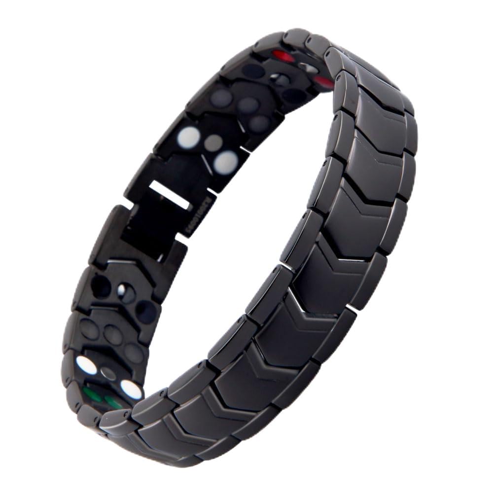 KYOSI 3X Magnetic Bracelets for Men Three rows Energy Stainless Steel Bracelet Magnet Link Mens Christmas Gift Jewelry (Black, 8.66 inches)