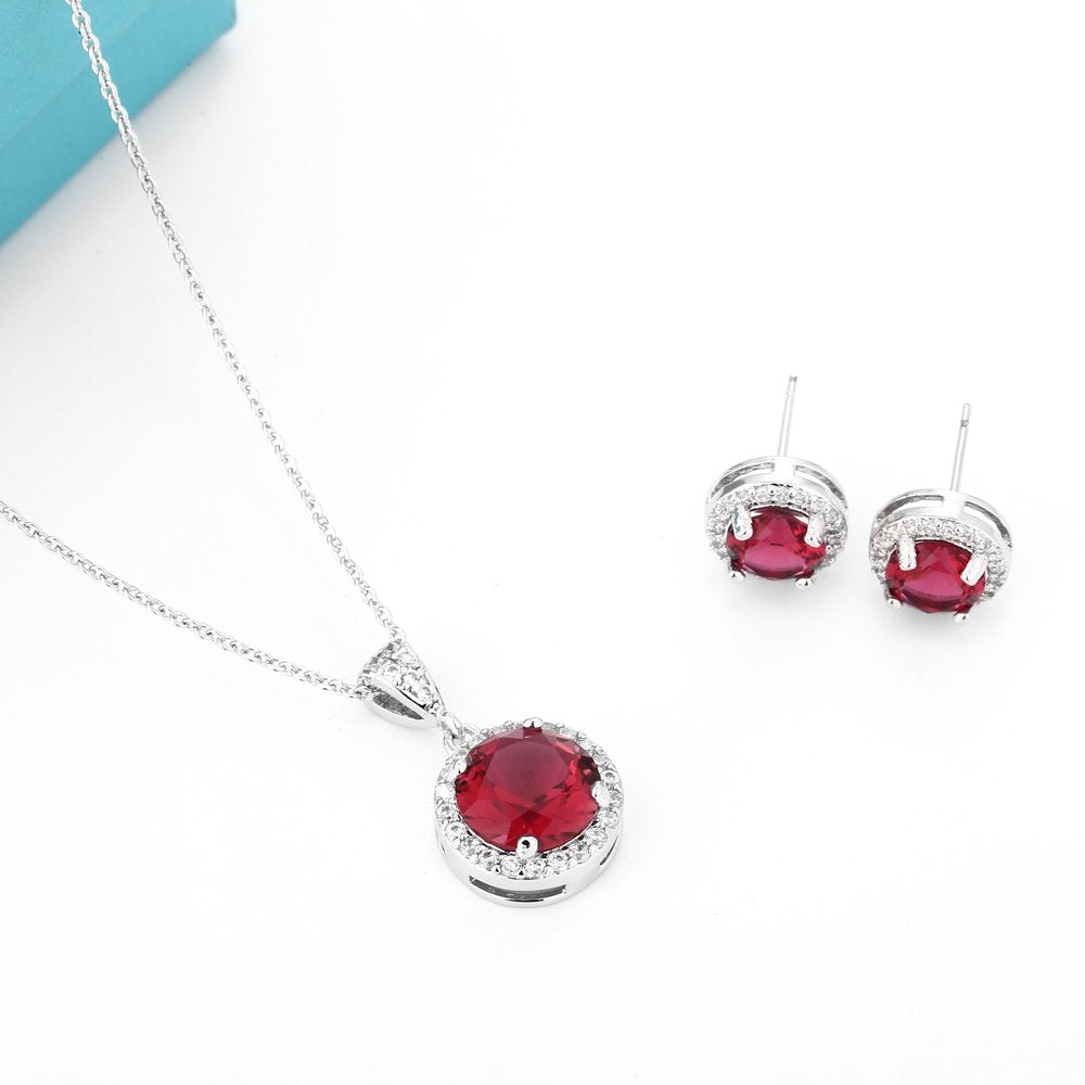 Crystal Jewelry Set for Women Elegant Sterling Silver Round Red Cubic Zirconia Rhinestone Necklace Halo Stud Earrings Set Wedding Party Ruby Birthstone Fashion Jewelry Set Birthday jewelry Accessories