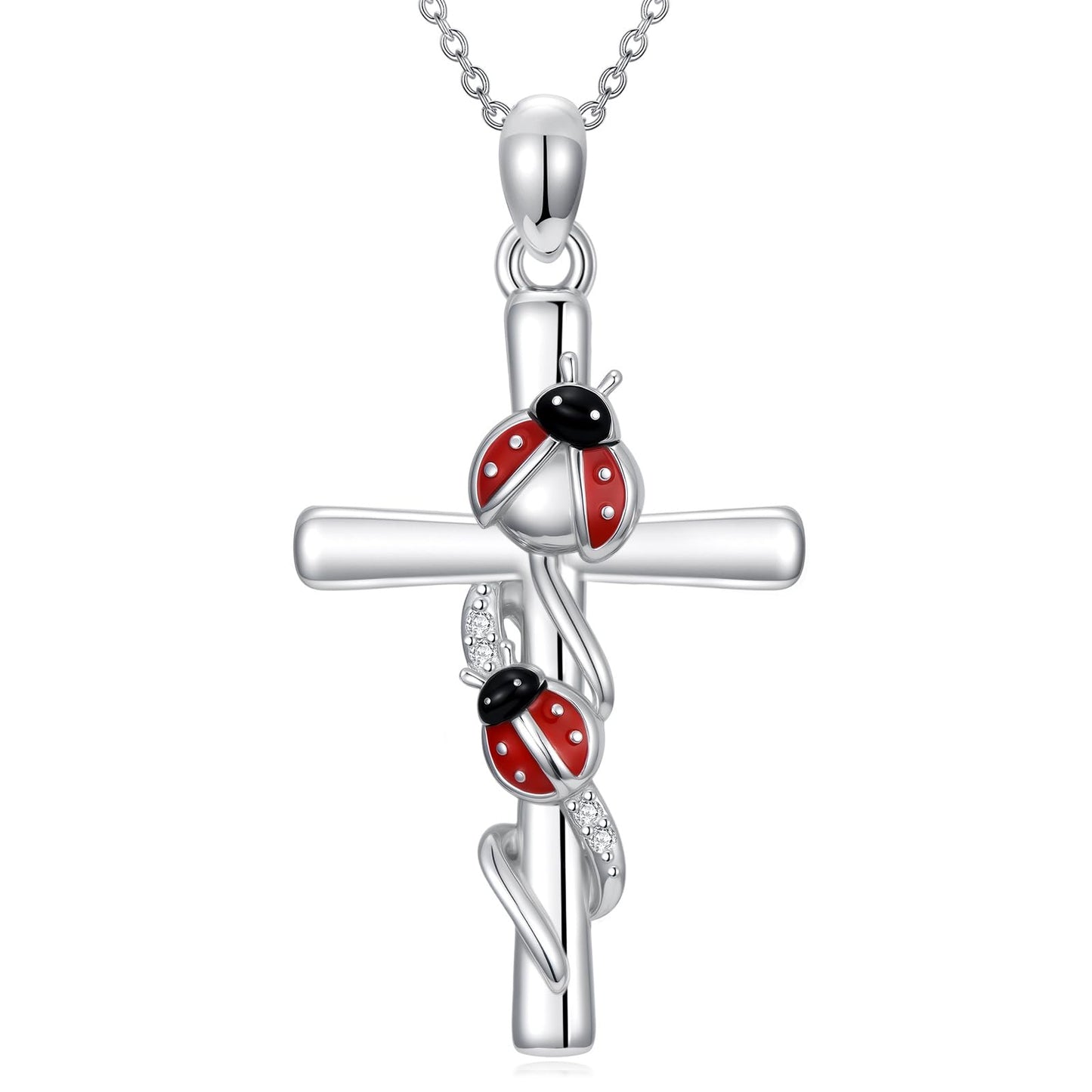 YYB Cross Necklace Valentines Gifts for Women 925 Sterling Silver Ladybug Necklace Ladybug Cross Pendant Gifts for Women