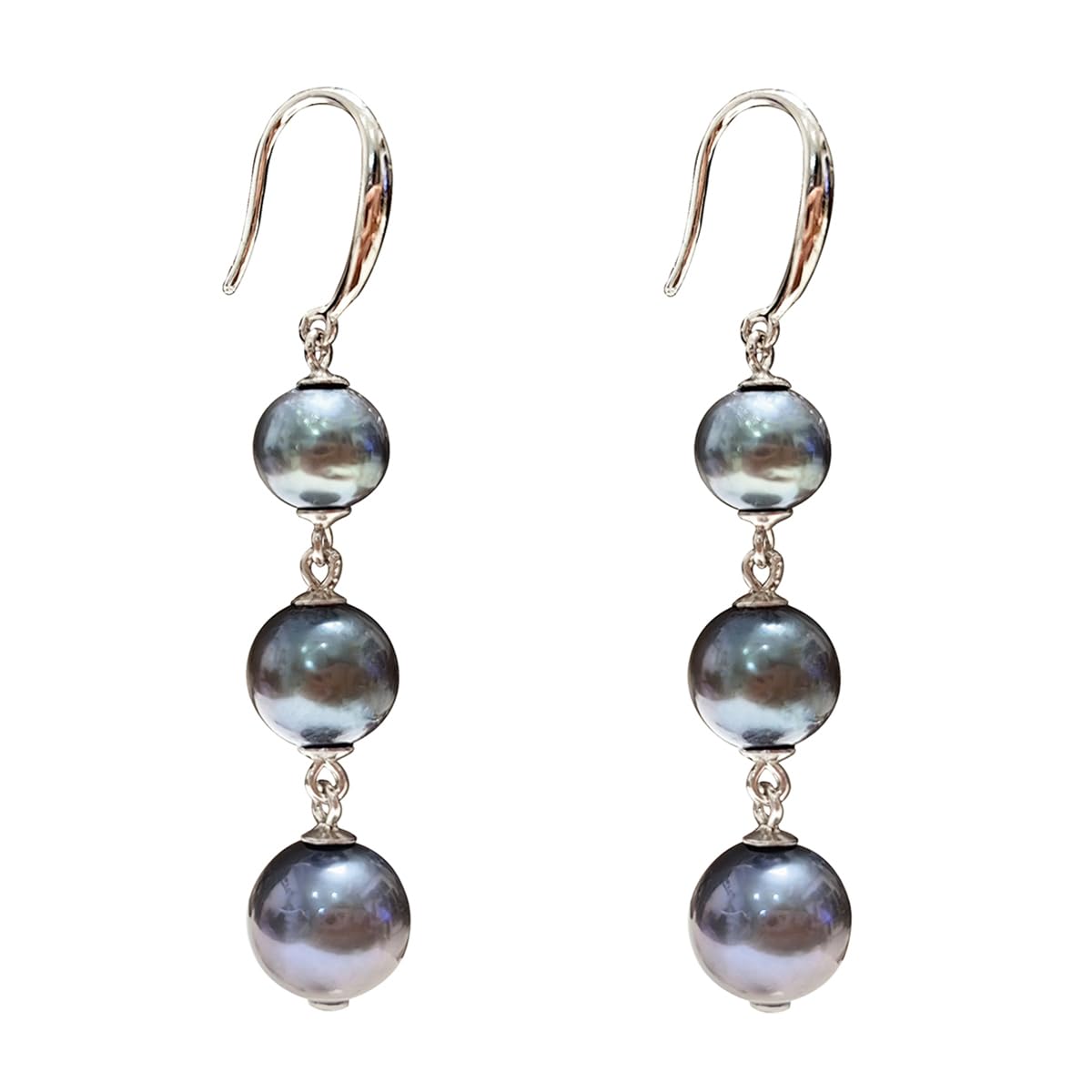 Alevel Long Tassel 925 Sterling Silver Ear Hook, Natural Freshwater Cultured Pearl Earrings, 7-9mm Round Dyed Black Pearls