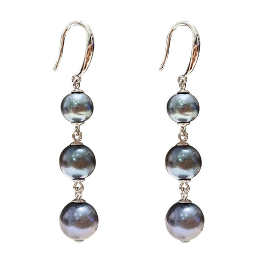 Alevel Long Tassel 925 Sterling Silver Ear Hook, Natural Freshwater Cultured Pearl Earrings, 7-9mm Round Dyed Black Pearls