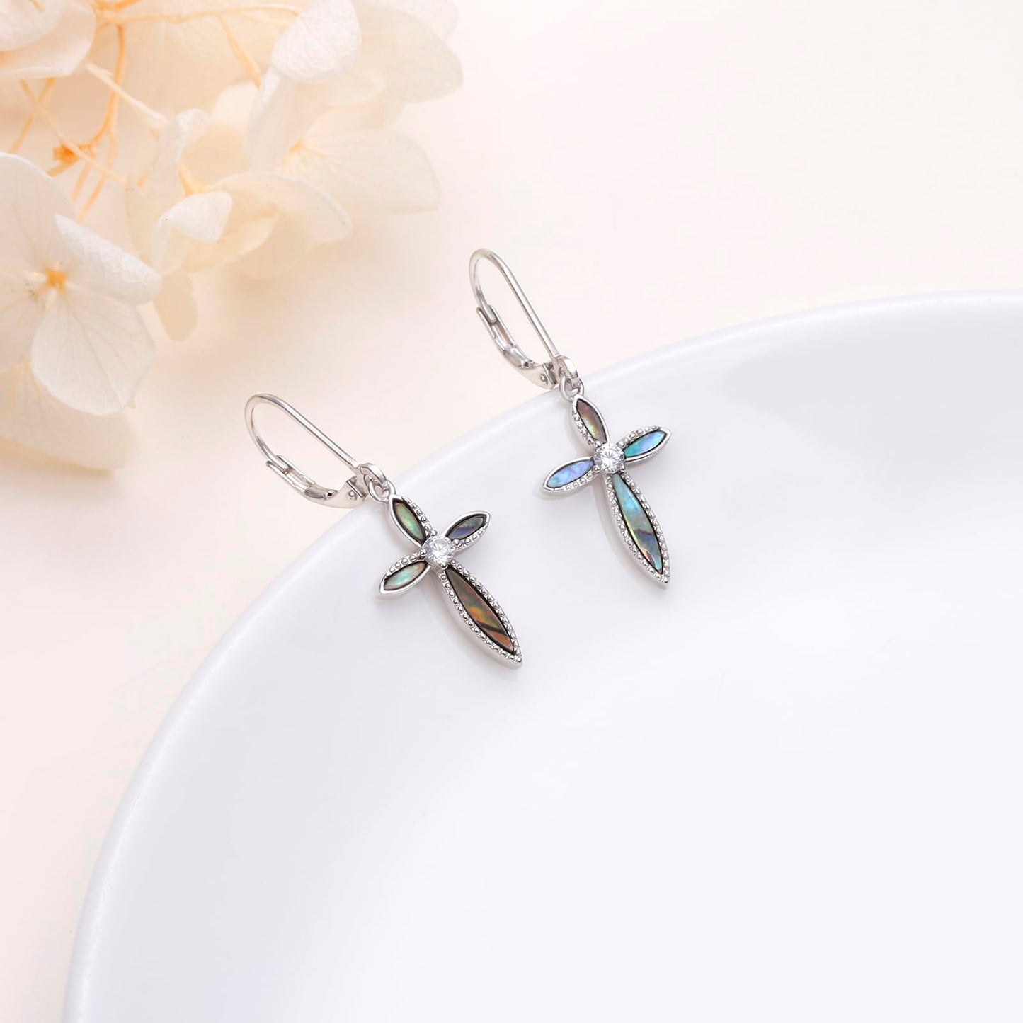 SHAOAN 925 Sterling Silver Cross Dangle Drop Earrings for Women Abalone Shell Leverback Earring Jewelry Gifts for Birthday Anniversary Mother’s Day