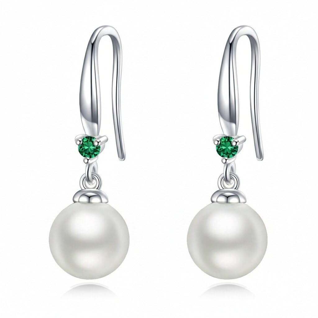925 Sterling Silver Pearl Leverback Earrings Dangle Drop Birthstone Jewelry Gifts for Women (White Pearl-May)
