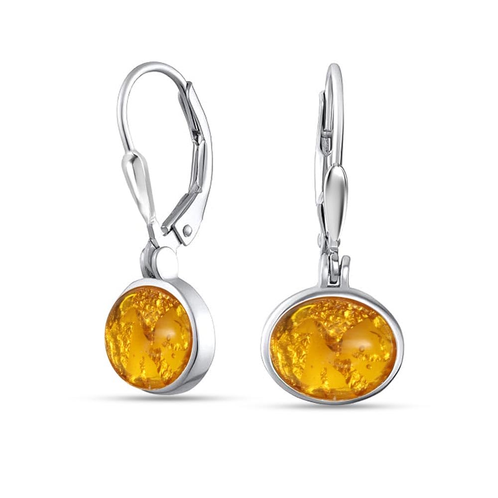 LeCalla 925 Sterling Silver Jewelry | Oval Amber Gemstone Leverback Earrings | Gemstones Faceted Drop Earrings for Women 23MM