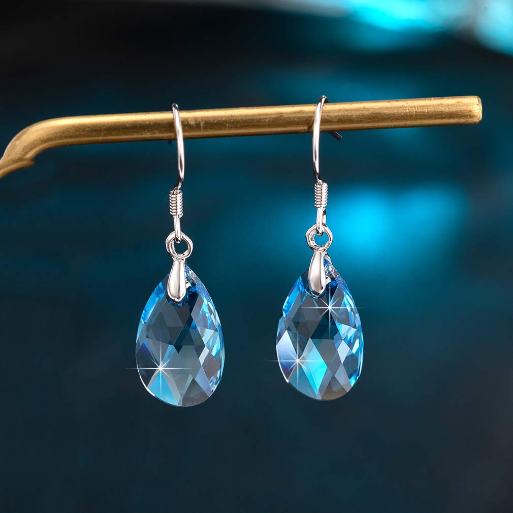 Teardrop Austrian Crystal Drop Dangle Earrings for Women 925 Sterling Silver Hook Hypoallergenic Earring (Aquamarine)