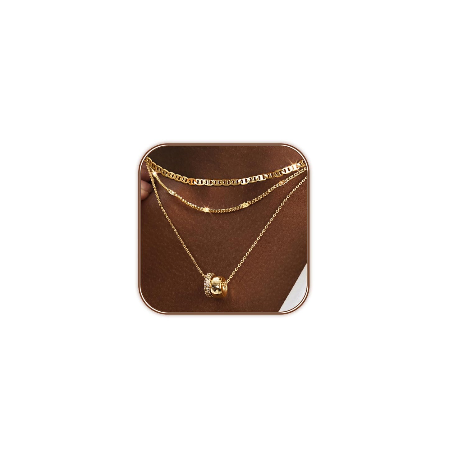 OGD Layered Necklaces for Women 14K Gold Plated Trendy Mariner Chain Dainty Circle Rondelle Pendant Choker Necklace for Women Two-Toned Cubic Zirconia Gold Necklace Stack Non Tarnish Hypoallergenic