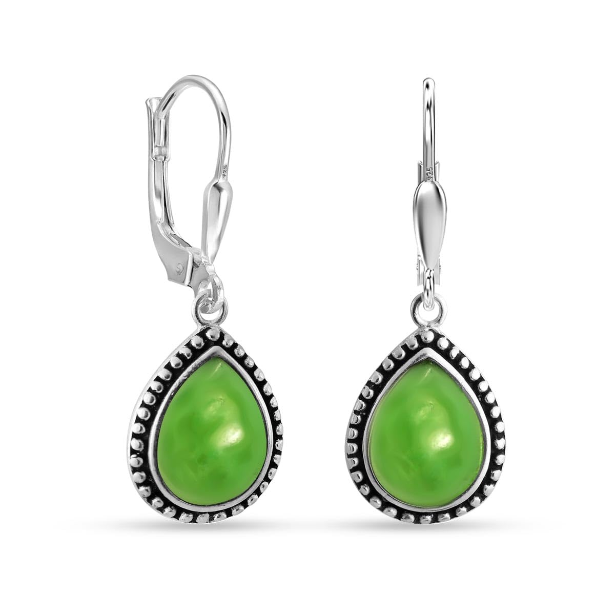 LeCalla 925 Sterling Silver Teardrop Leverback Earrings for Women | Antique Pear Shaped Green Jade Dangle Earrings 30MM