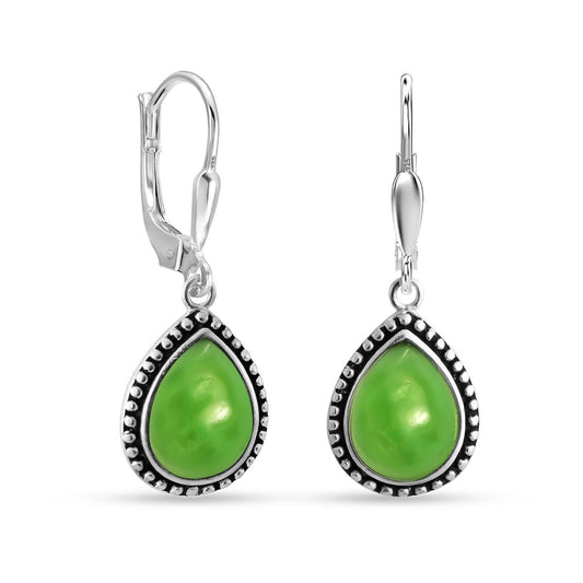 LeCalla 925 Sterling Silver Teardrop Leverback Earrings for Women | Antique Pear Shaped Green Jade Dangle Earrings 30MM