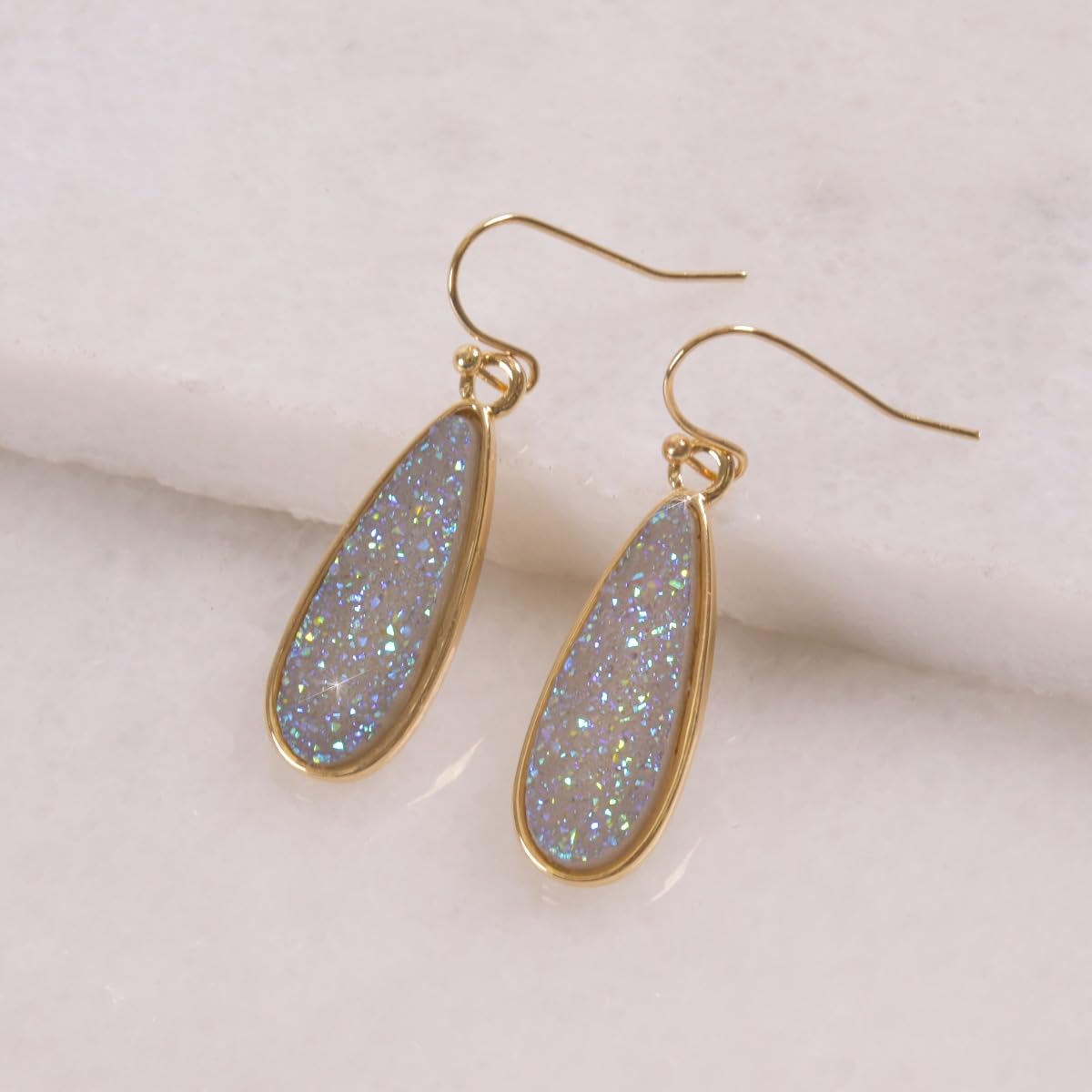 Light Blue Earrings for Women Dangle - Blue Dangle Earrings for Women, Simulated Druzy Stone Gold Tone Dangling Teardrop Jewelry, Sparkly Elegant Long Tear Drops with Boho Dangly Stone