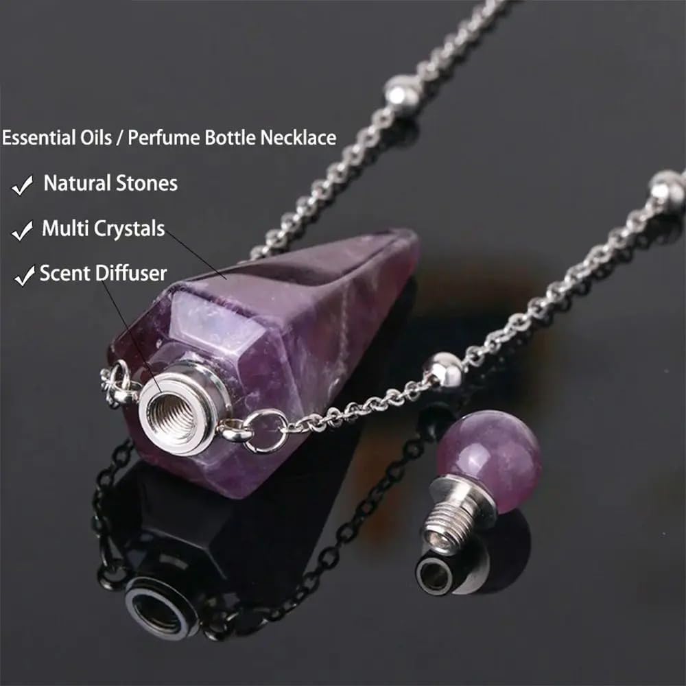 925 Sterling Silver Essential Oil Necklace For Women And Men, Natural Crystal Stone Cone Shape Pendant Necklace Healing Perfume Bottle Necklace Essential Oil Pendant Necklace (2 - Essential Oil Necklace)