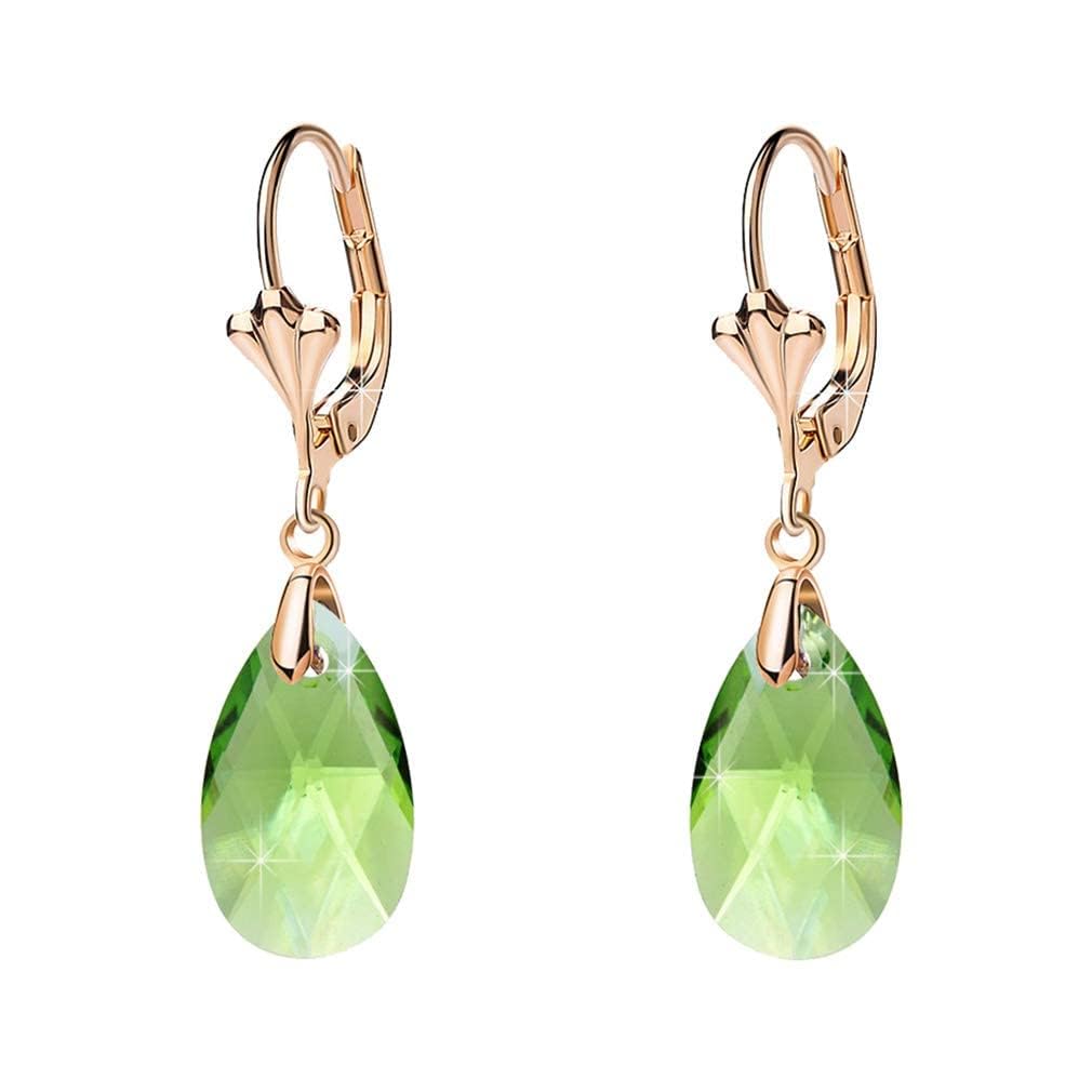 Austrian Crystal Teardrop Leverback Dangle Earrings for Women Fashion 14K Gold Plated Hypoallergenic Jewelry (Green)