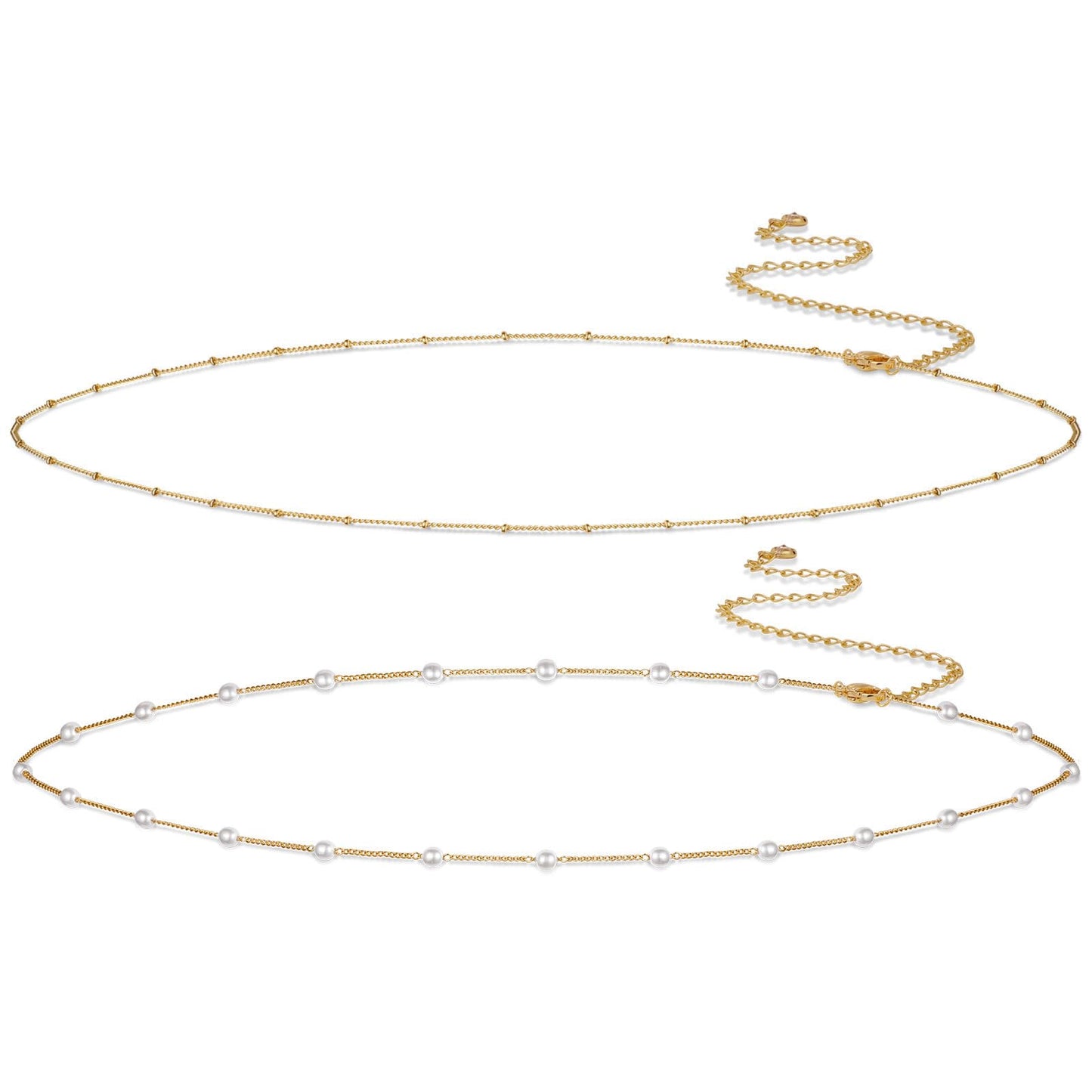 Sargetou Gold Waist Chain for Women Waterproof,14k Gold Plated Satellite Beaded Pearl Body Jewelry Chains Sexy Bikini 2PCS Belly Belt Beach Gift Adjustable 26.5-33Inch
