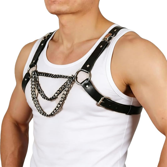 Pfylinqo Men's Sexy PU Leather Chest Harness with Metal Chains, Adjustable Punk Gothic Body Harness for Cosplay Halloween, Festival & Nightclub Outfits
