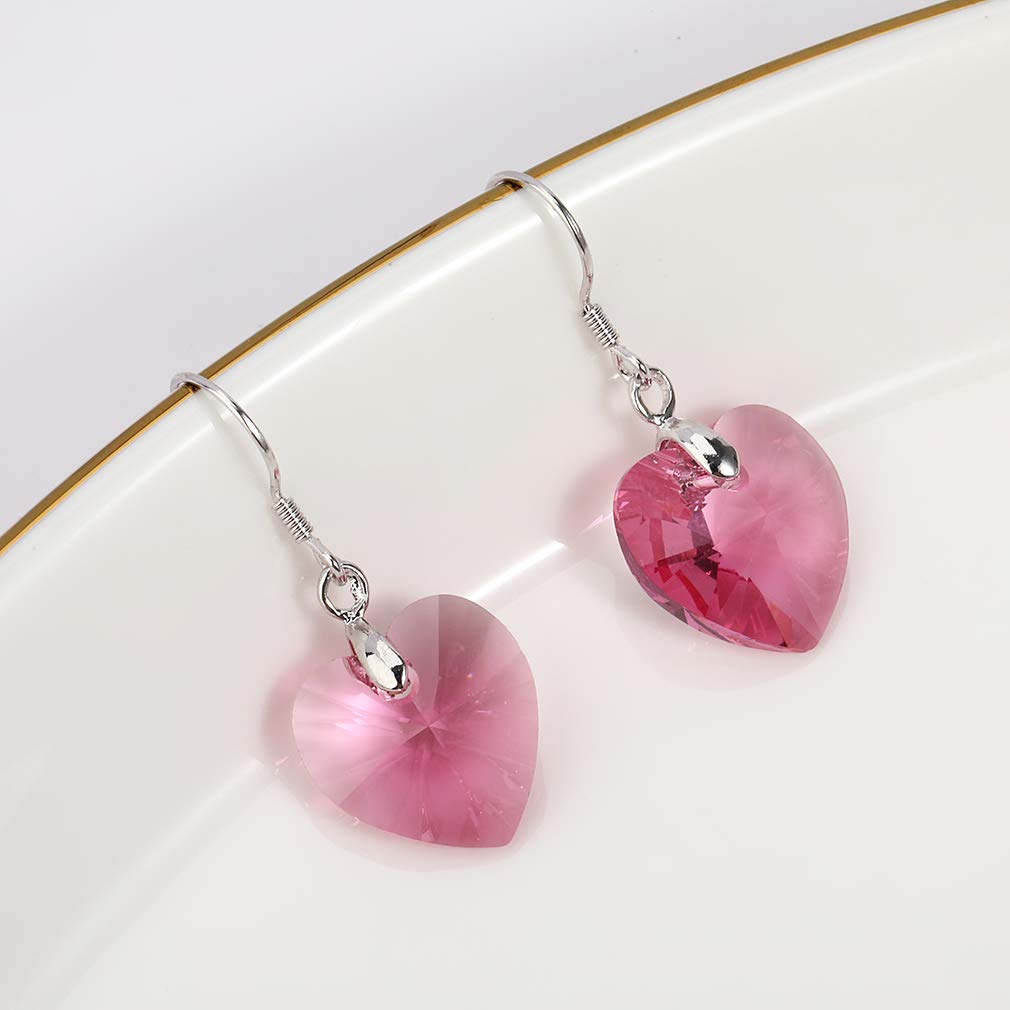 Austrian Crystal Heart Drop Dangle Earrings for Women 925 Sterling Silver Hook Hypoallergenic Earring (Rose Pink)