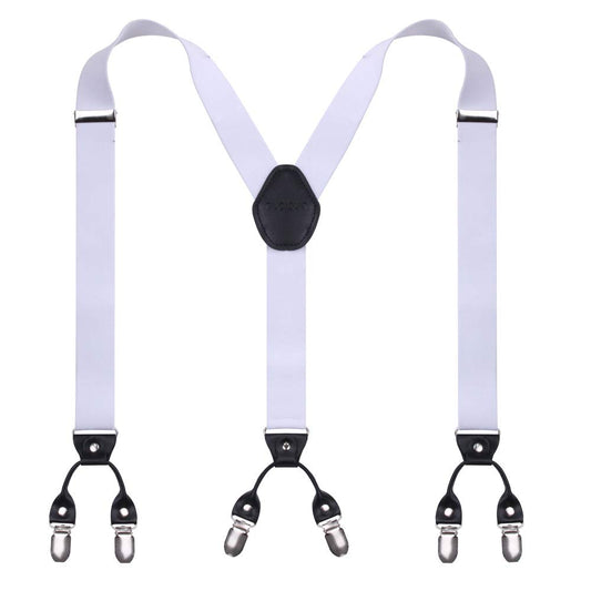 GHCHOL Mens Suspenders with Strong Metal 6 Clips Adjustable Elastic Y Style Leather Suspender for Wedding (White)