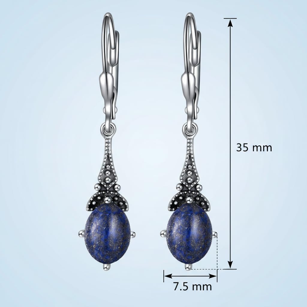 Natural Lapis Lazuli Earrings 925 Sterling Silver Vintage Retro Leverback Dangle Drop Earrings Birthday Jewelry Gifts for Women