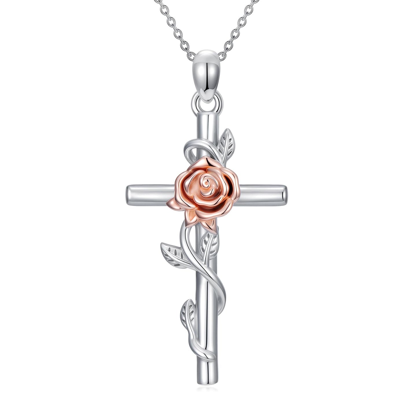 YYB Rose Cross Necklace for Women 925 Sterling Silver Rose Jewelry Dainty Silver Cross Necklace Christian Religious Gifts for Women Mothers Day Gifts