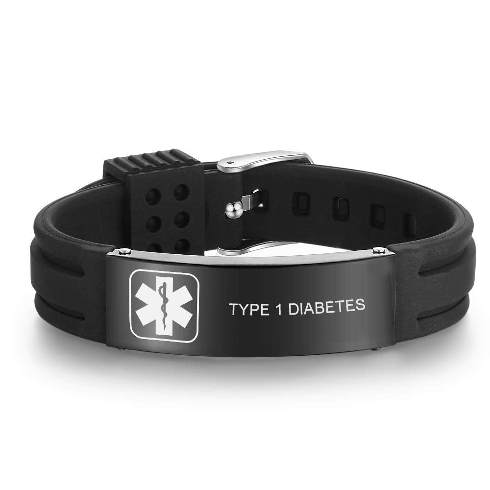 VNOX Type 1 Diabetes Medical Alert ID Black Silicone Rubber Stainless Steel Adjustable Bracelet for Unisex