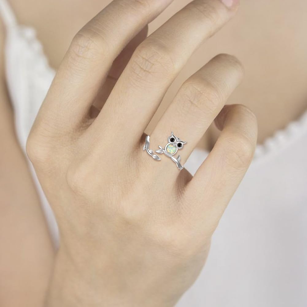 Zepmais 925 Sterling Silver Animal Ring - Adjustable Open Owl Axolotl Rings with Heart Cubic Zirconia Opal Cute Animals Jewelry Gifts for Women (Owl Ring)