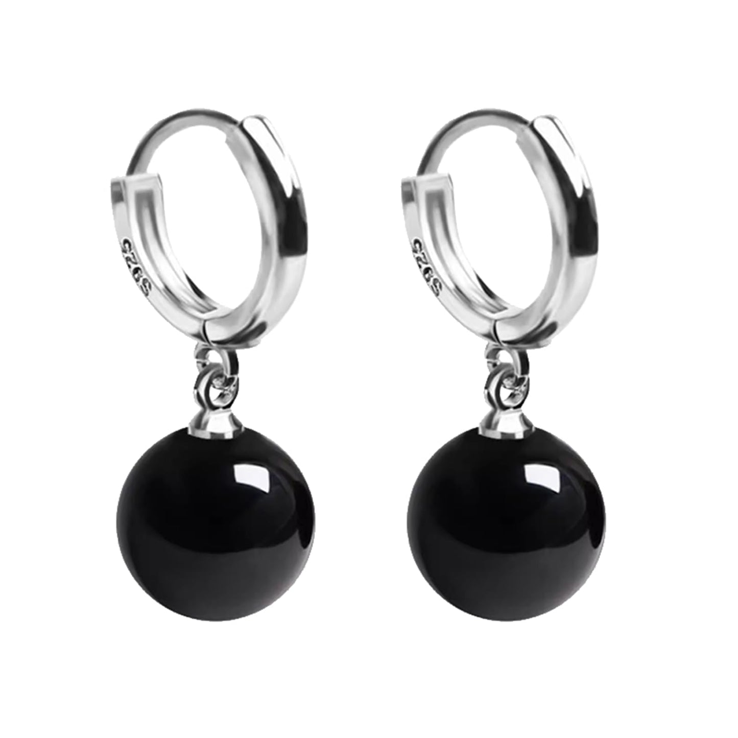 QLYOVWE Handmade Jade Earrings - Basic Gemstone Round 12MM Bead Ball Drop Dangle Earrings - Rose Quartz Stone - Natural Agate Bead - Jade Drop Earrings for Women (Black)
