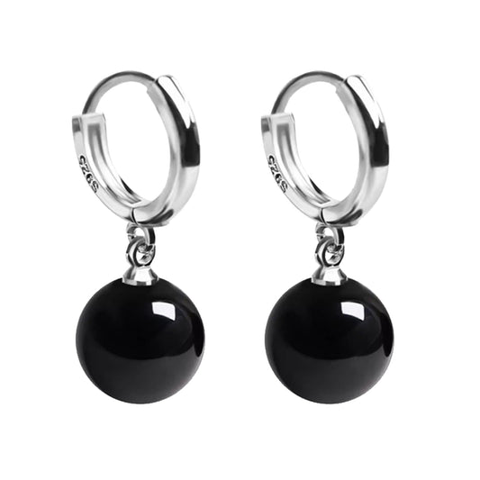 QLYOVWE Handmade Jade Earrings - Basic Gemstone Round 12MM Bead Ball Drop Dangle Earrings - Rose Quartz Stone - Natural Agate Bead - Jade Drop Earrings for Women (Black)