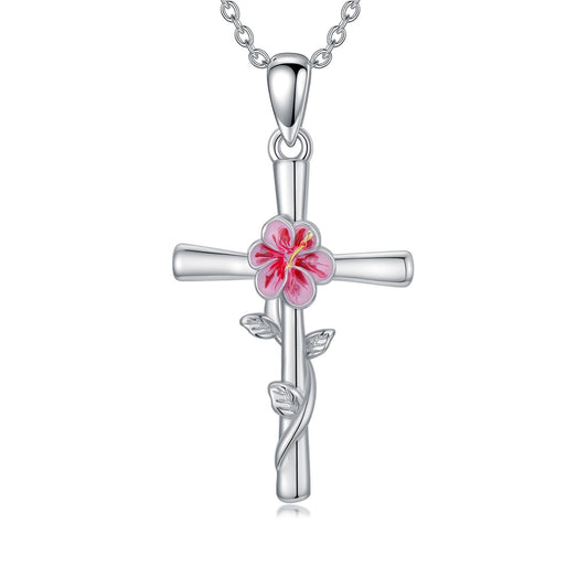 Cargari Hibiscus Cross Necklace for Women 925 Sterling Silver Birth Flower Pendant Hibiscus Flower Necklace Jewelry Floral Gifts for Women