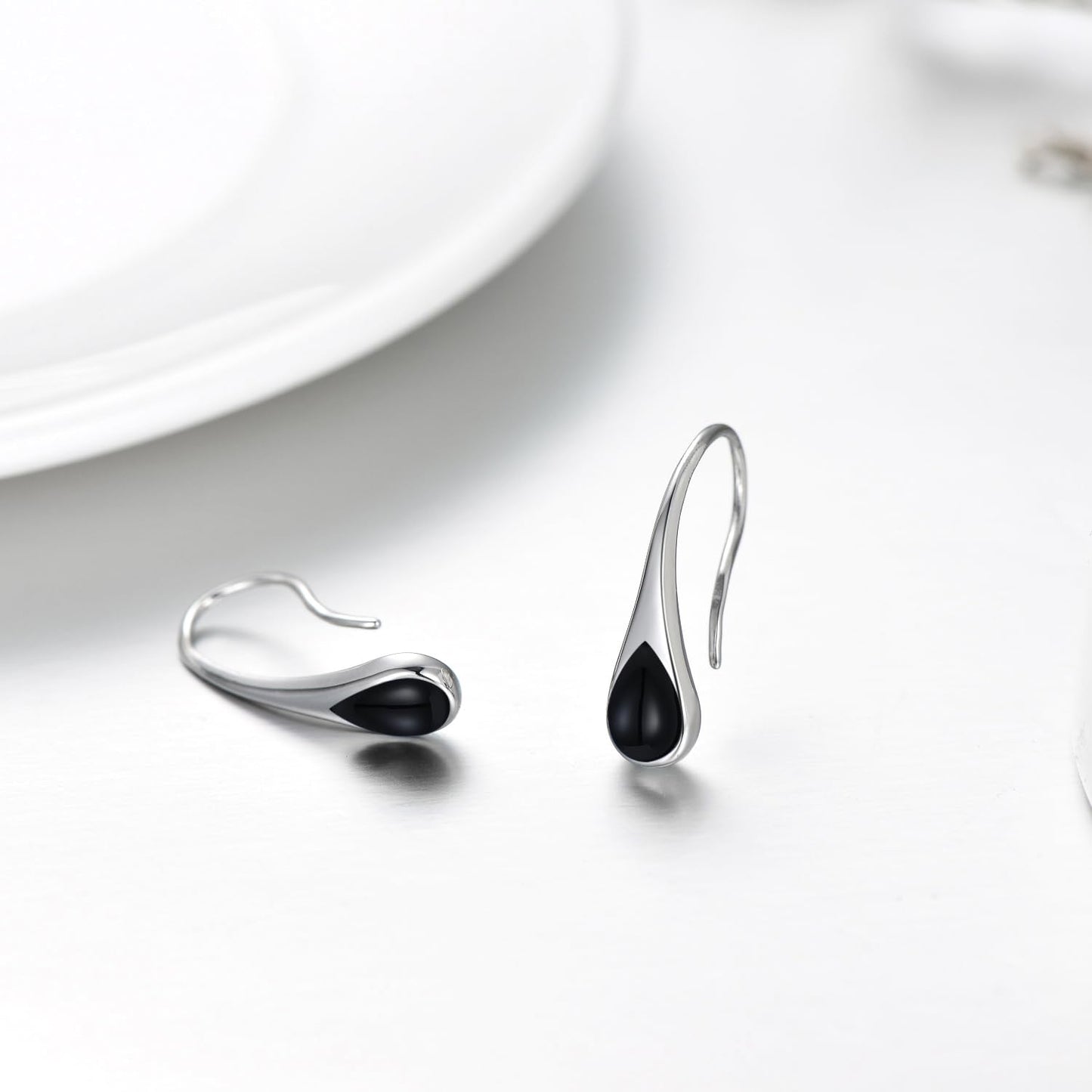 925 Sterling Silver Teardrop Earrings with Black Onyx, Hypoallergenic Pear-Shaped Dangle Drop Earrings for Women