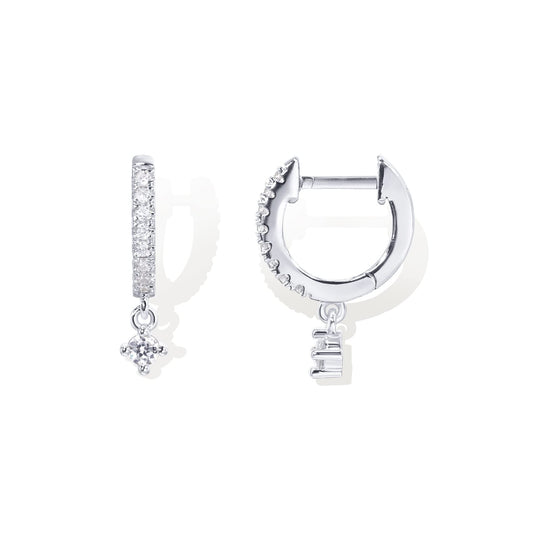 PAVOI Rhodium Plated 925 Sterling Silver Post Trendy Cubic Zirconia Round Dangle Huggie Earrings for Women - Small Gold Hinged Huggie Hoop Earrings