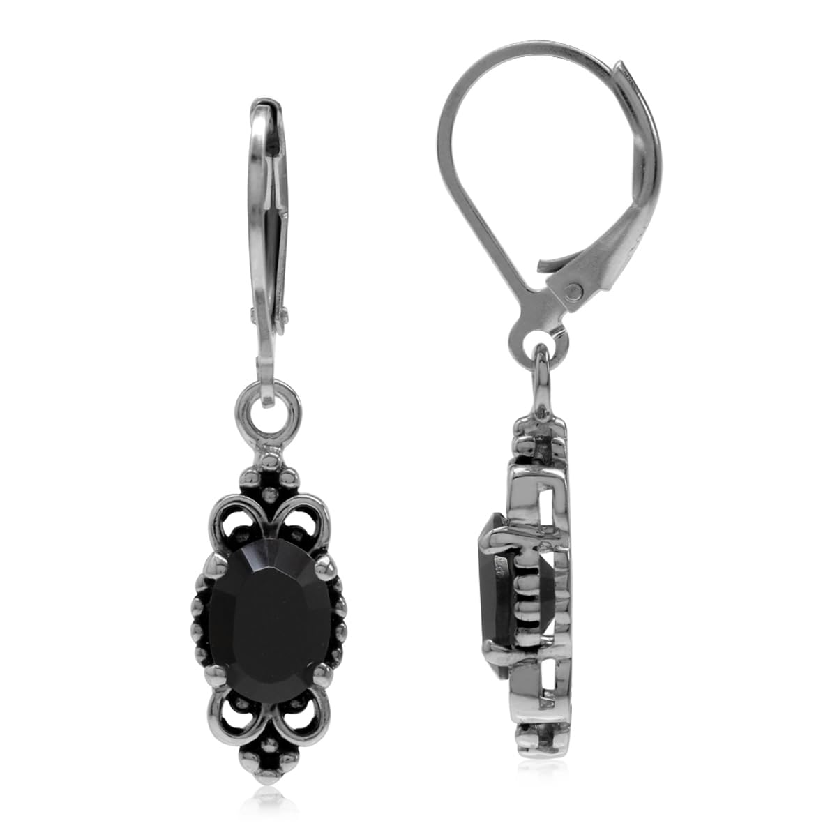 Silvershake Natural Black Onyx 925 Sterling Silver Balinese Style Leverback Earrings