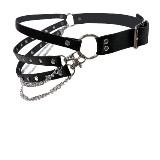 Eigso Punk Leather Belt for Women Men Plus Size Goth Chain Studded Leash for Woman Man Party Rave Accessory for Woman Man