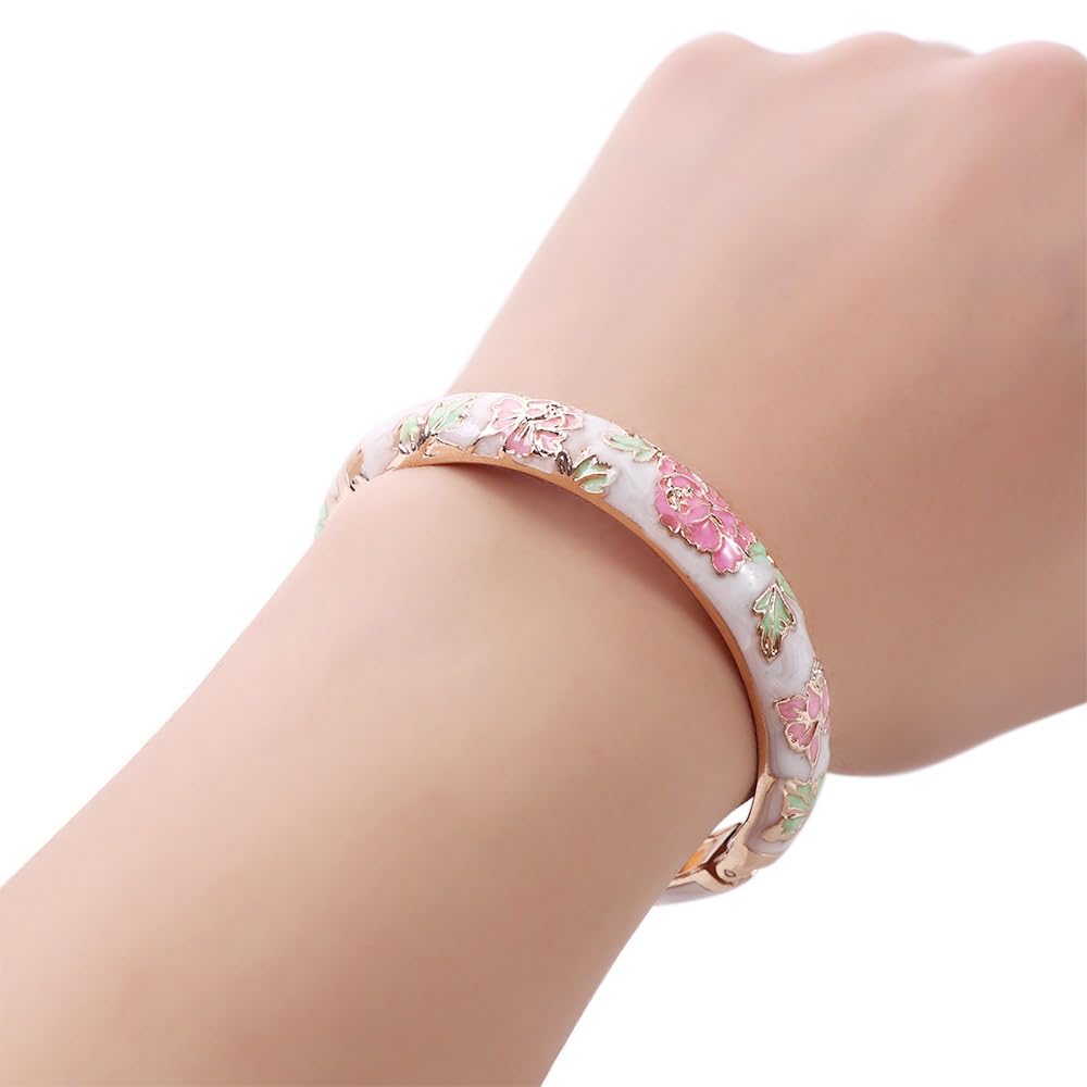 Cloisonne Bangle Colorful Enamel Peony Flower Chinese Filigree Flower Bracelet Traditional Handicraft Ethnic Bangles for Women Gifts Bracelet Gifts, Random Color