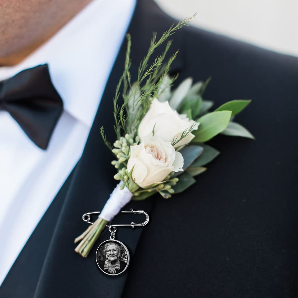 Custom4U Wedding Boutonniere Round Bouquet Charm Pin Customized Photo Charm for Mother of The Bride Groom Women Men