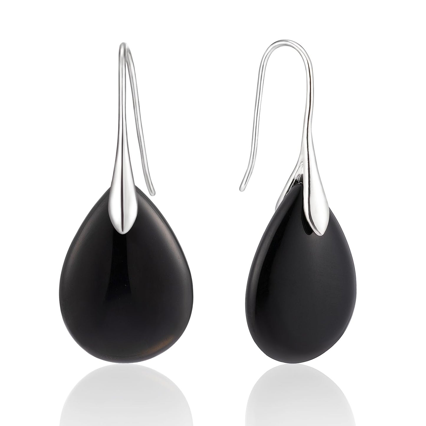 SELOVO Black Agate Stone Teardrop Fishhook Dangle Drop Earrings Silver Tone