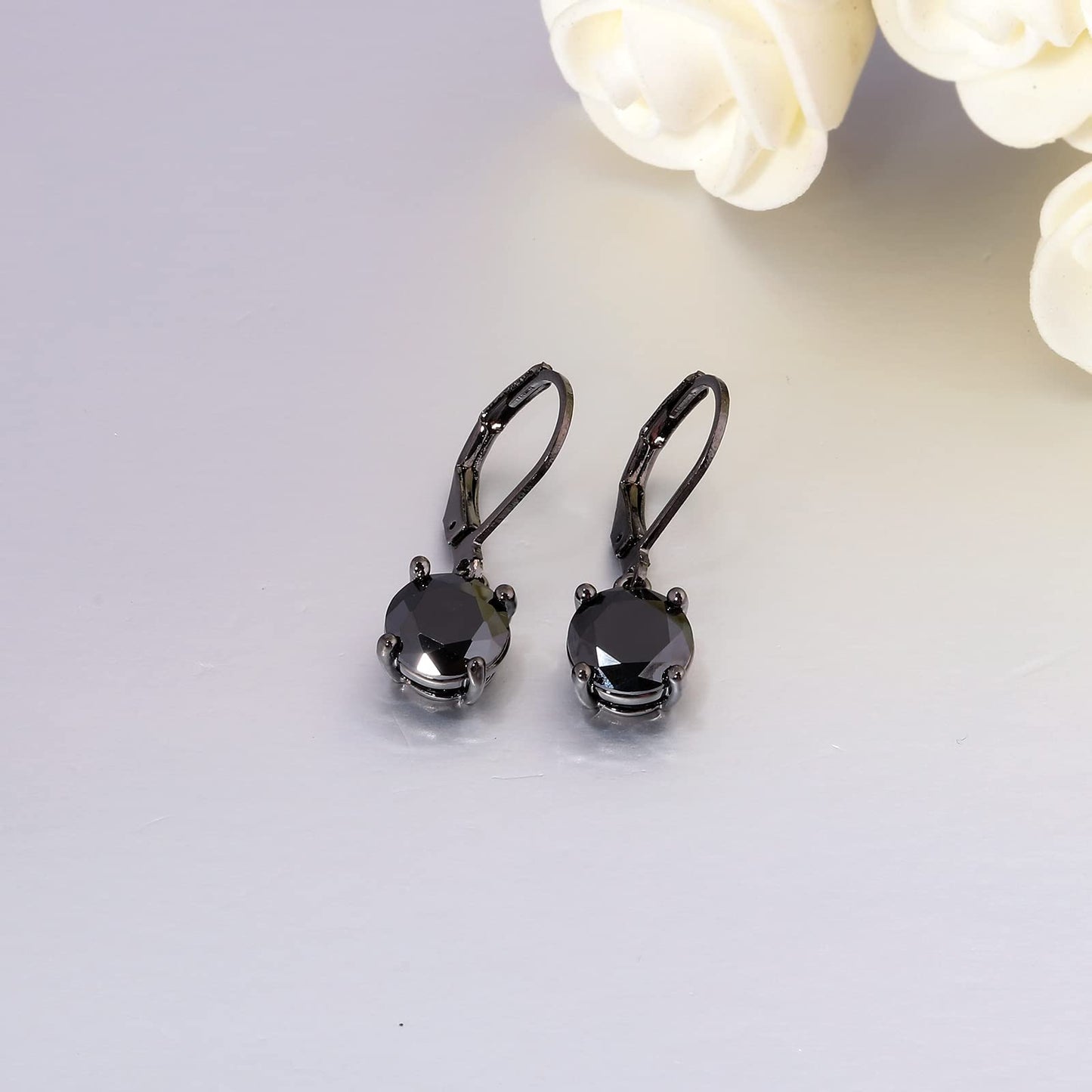 CiNily Leverback Dangle Earrings for Women Ladies Pendant Earrings 14K Black Gold Plated Drop Earring Black Created Crystal Dangle Earrings for Sensitive Ears Hypoallergenic Jewelry 8 mm