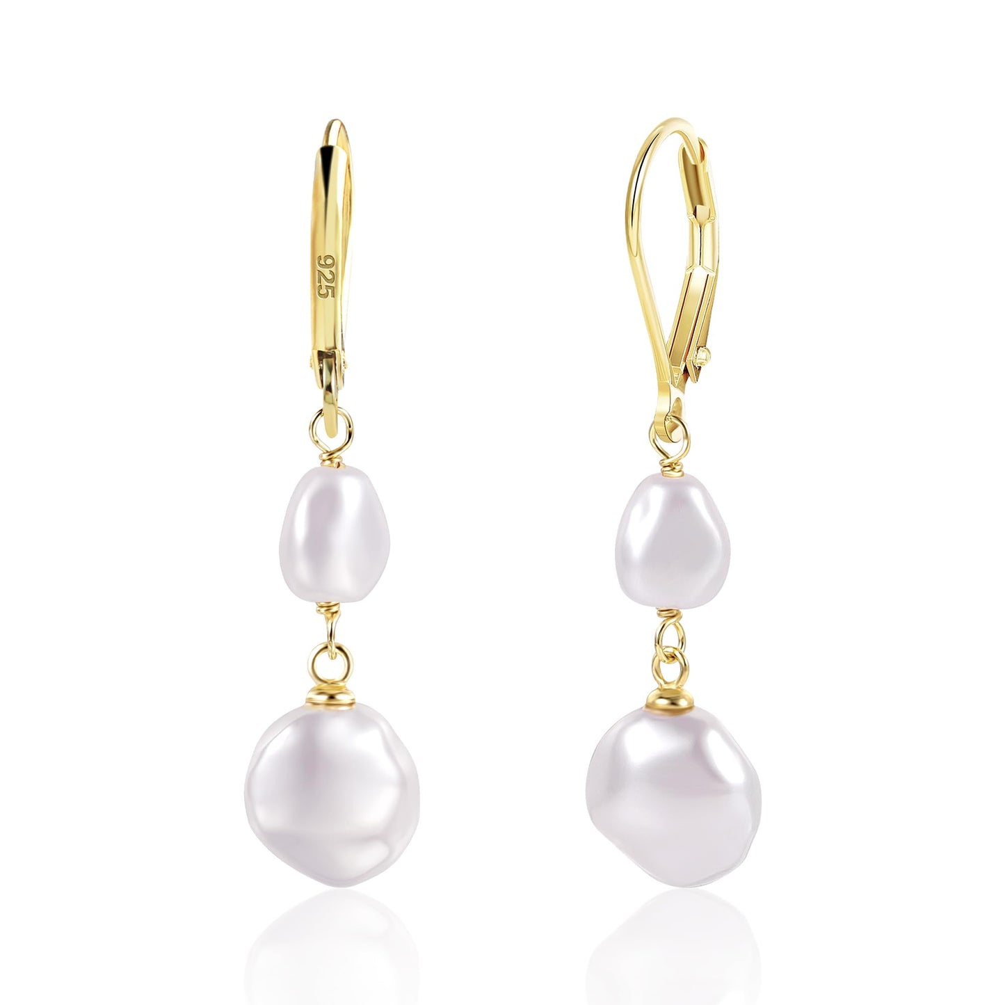 14K Gold Pearl Dangle Earrings for Women 925 Sterling Silver Double Pearl Drop Earrings HypoallergenicLeverback Baroque Irregular Pearls Earring