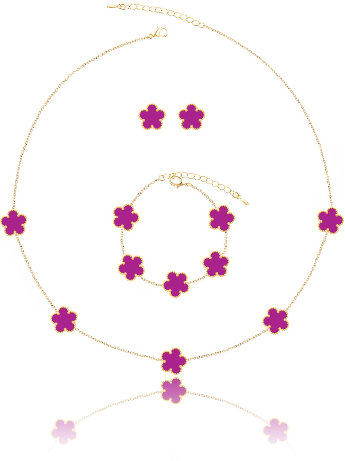 Qinpan Five Leaf Clover Necklace Bracelet and Stud Earrings Set for Women Lucky Flower Jewelry (Purple-14K Gold Plated)