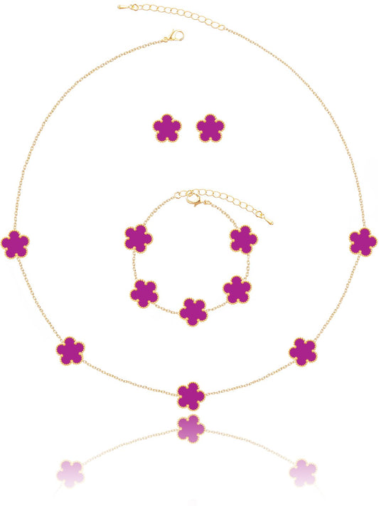 Qinpan Five Leaf Clover Necklace Bracelet and Stud Earrings Set for Women Lucky Flower Jewelry (Purple-14K Gold Plated)