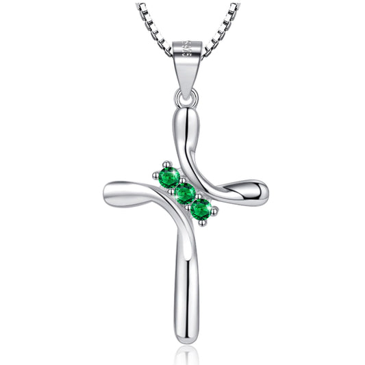 EVERU S925 Sterling Silver Cross Necklace for Women Birthstone Necklace with Cubic Zirconia 18K Gold Plated Cross Pendant Jewelry Ideal Gift Green Emerald May