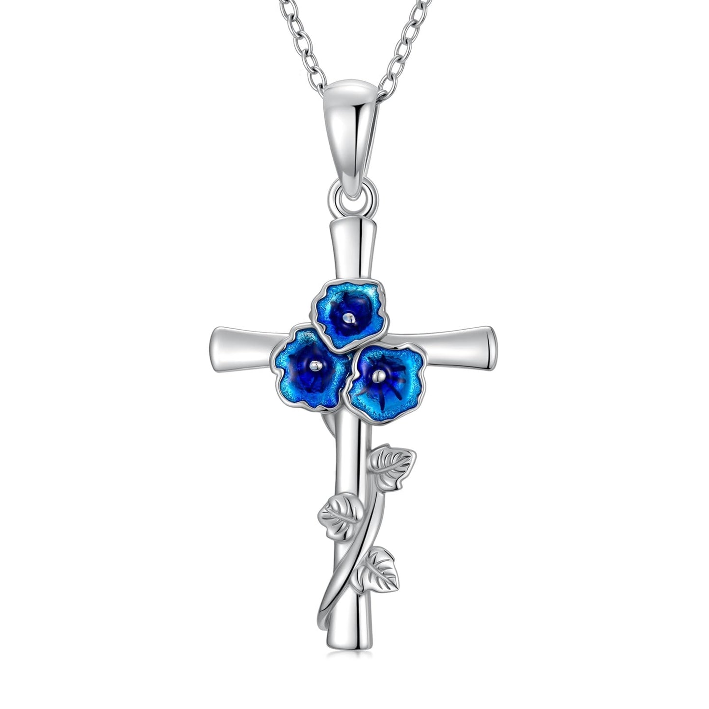 Cargari 925 Sterling Silver Morning Glory Cross Necklace for Women Blue Morning Glory Flower Pendant Necklace Religious Floral Jewelry Gift